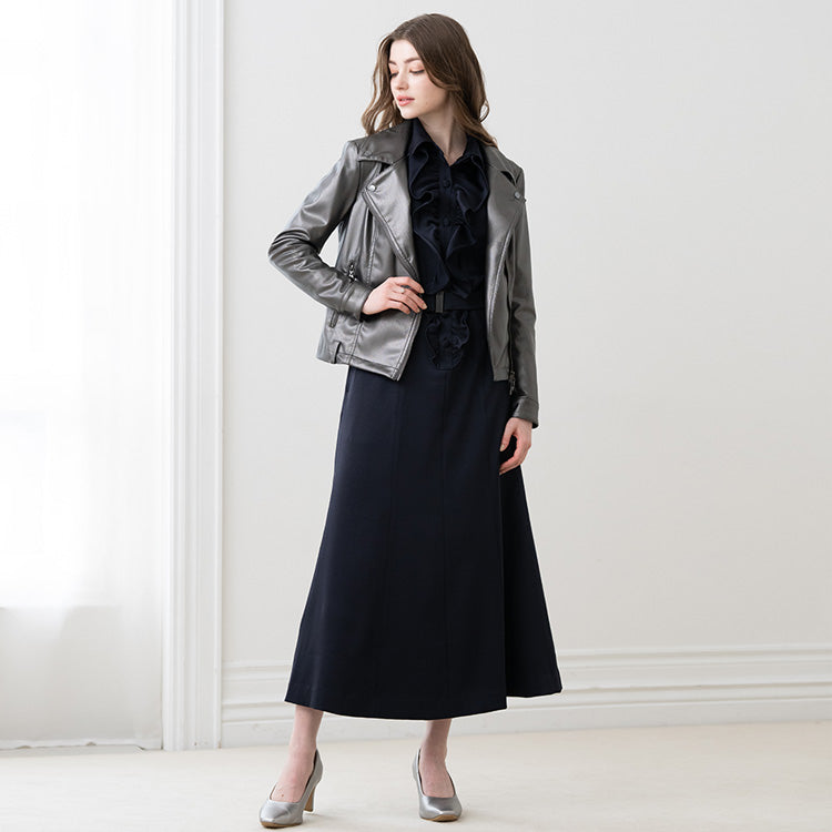 The inverted triangle ruffle collar is a perfect balance when worn with a jacket.