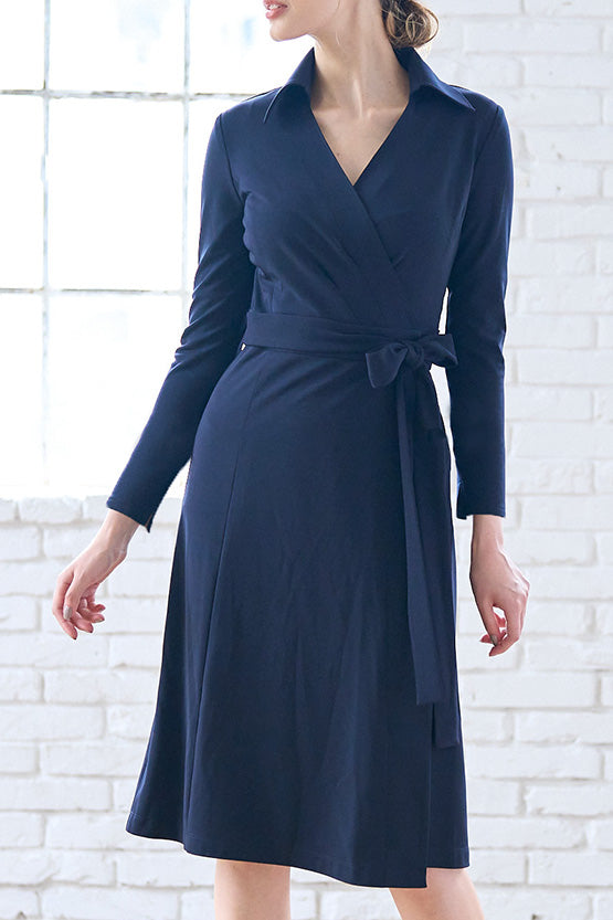 Navy Collared Wrap Dress