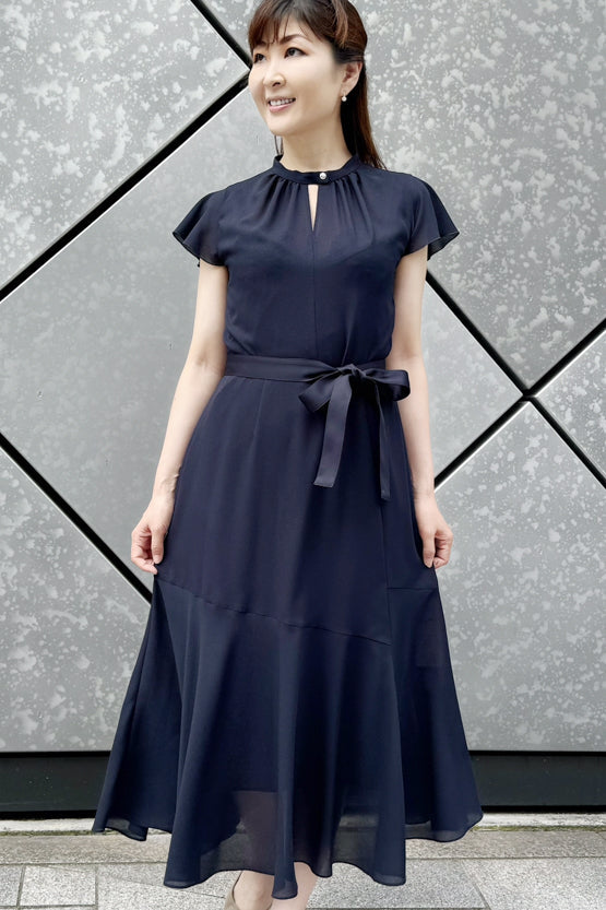 Stretch Chiffon Navy Long Mermaid Dress