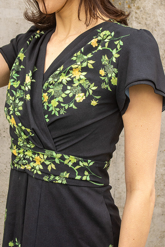 Stretch Chiffon: Ink Flower Long Marilyn Dress