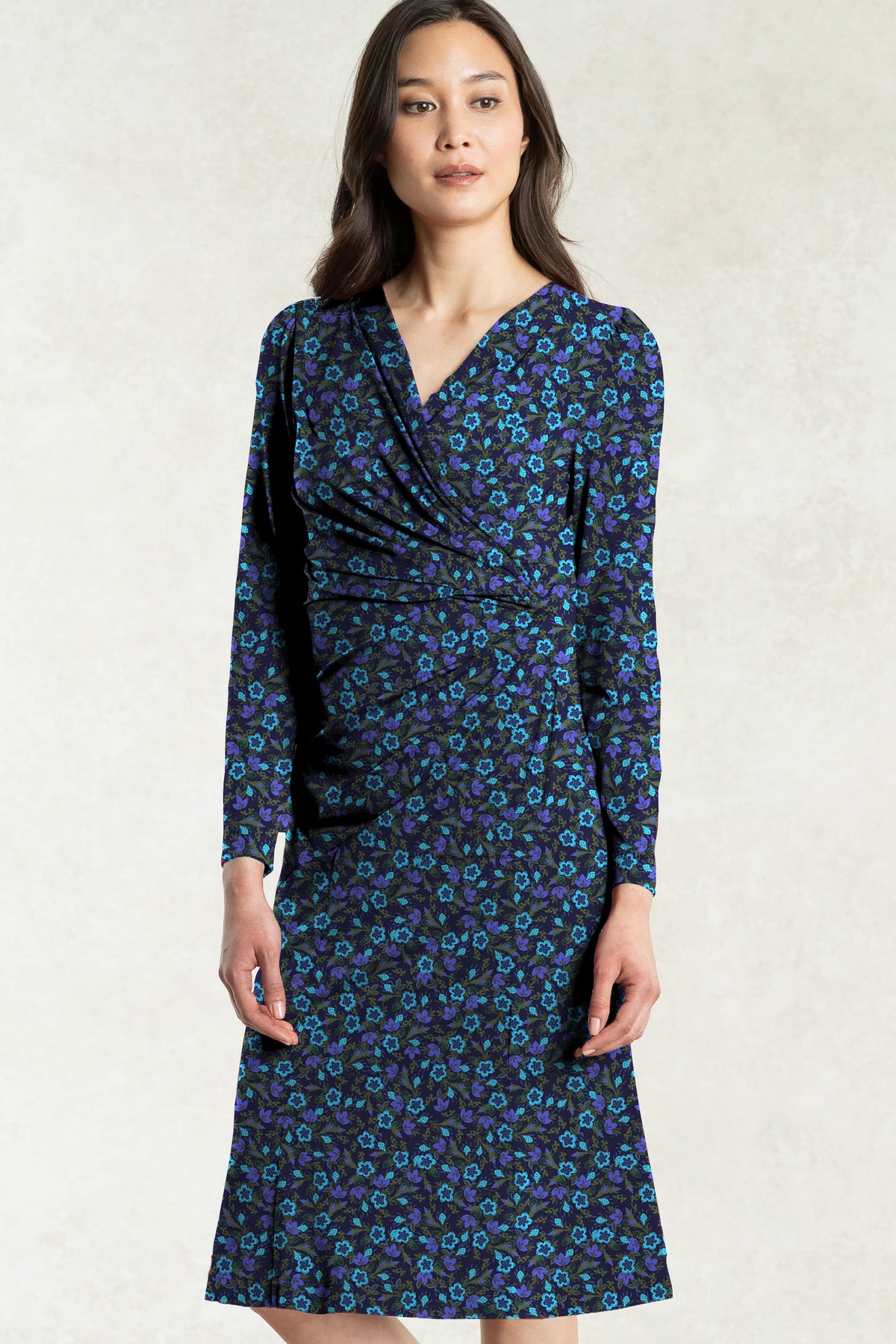 Navy Petite Flower Gather Dress