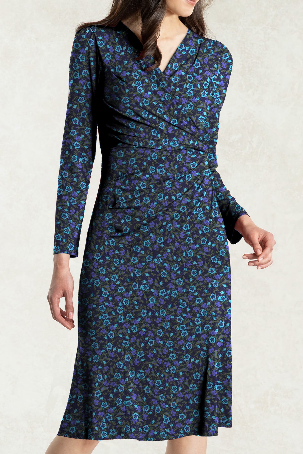 Navy Petite Flower Gather Dress