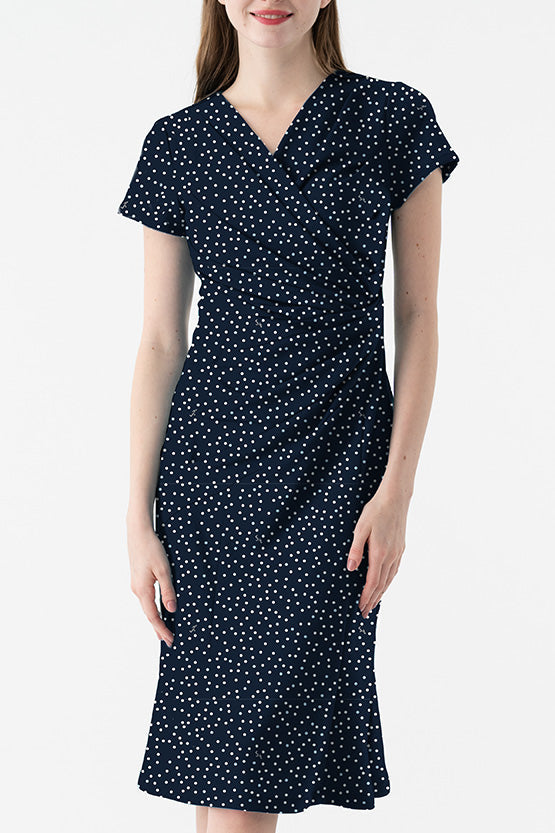 4-Way Stretch: 4-Way Jersey Navy Dot Gather Dress