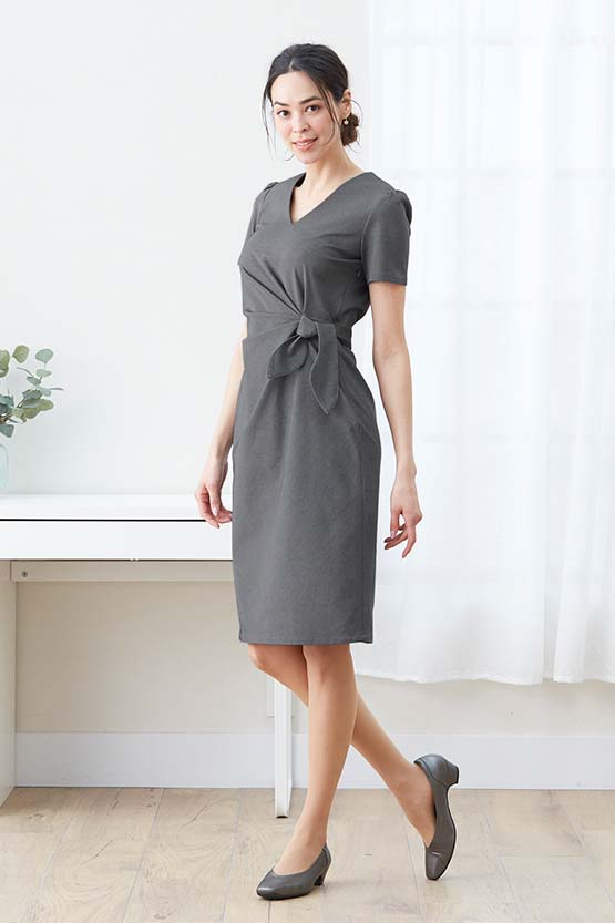 Cotton-Blend Grey V-Neck Everyday Dress