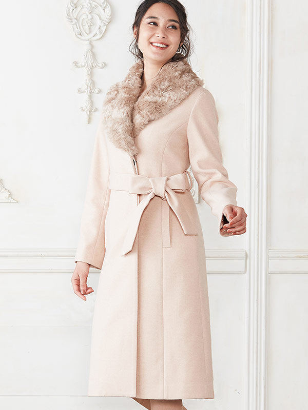 Long Length: Pink Beige Eco-Fur Coat
