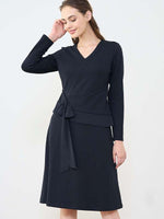 Navy Double Jersey V-Neck A-Line Dress