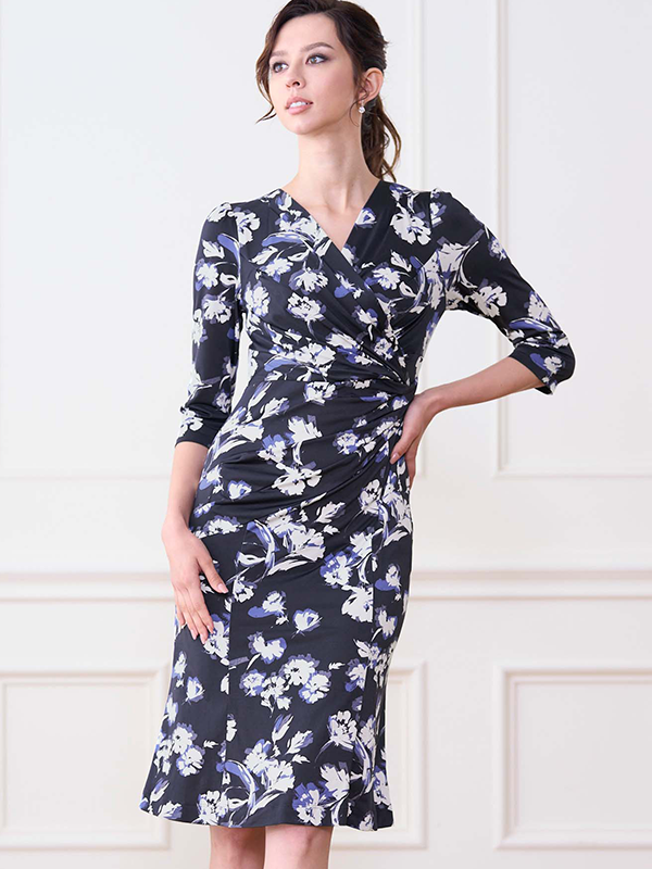 Navy Lei Flower Gathered Dress