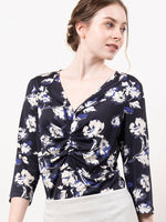 Navy Lei Flower Design Tucked Top