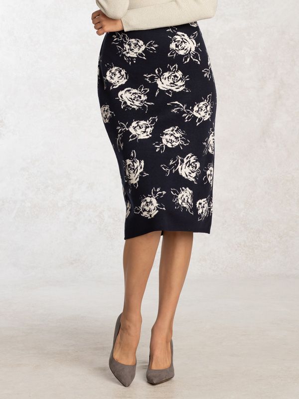 Setup: Navy Rose Jacquard Knit Skirt