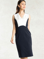 All-Season Material: White X Navy Stretch Bi-Color Dress