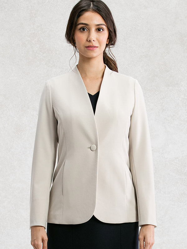 All-Season Material: Greige Long Collarless Jacket