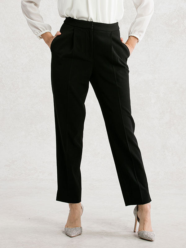 All-Season Material: Black I-Line Tuck Trousers