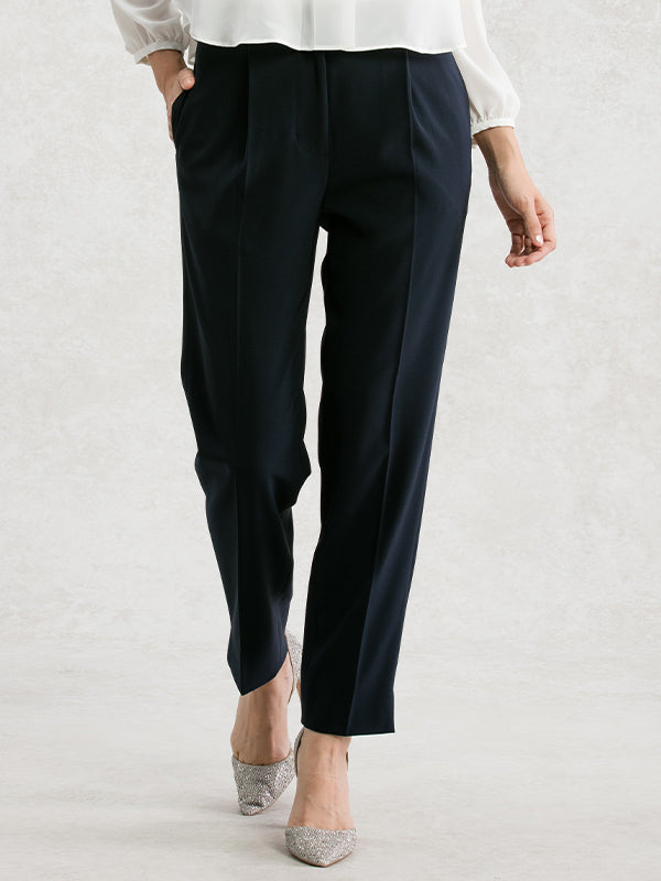All-Season Material: Navy I-Line Tuck Trousers