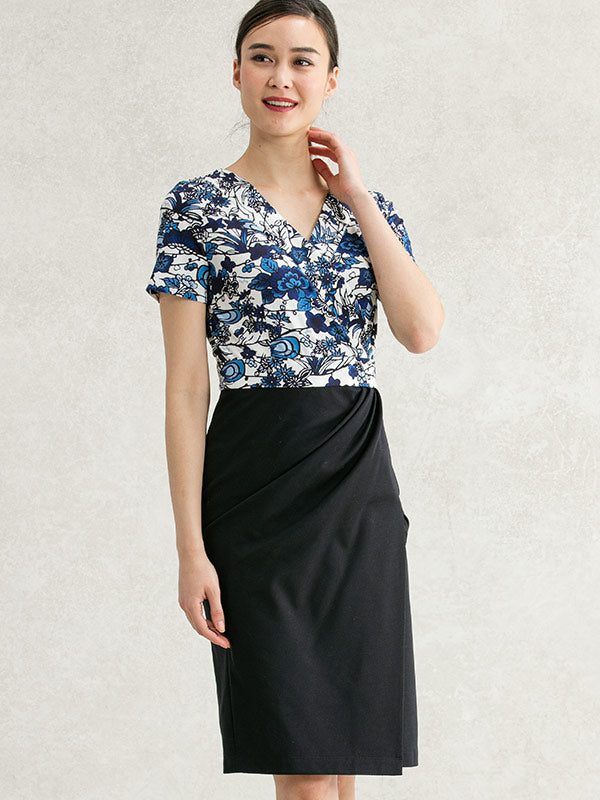 Japanese Pattern: Azure Ryukyu-Bingata X Navy Asymmetry Dress