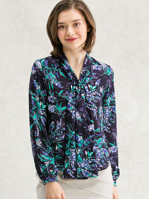 Stretch Chiffon: Navy Aroma Bowtie Blouse