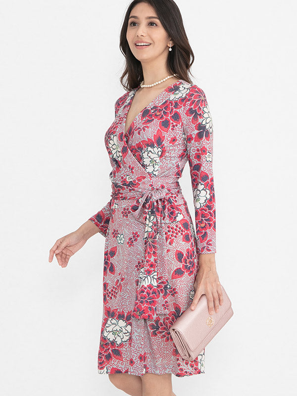 Japanese Pattern: Peony Grey Wrap Dress