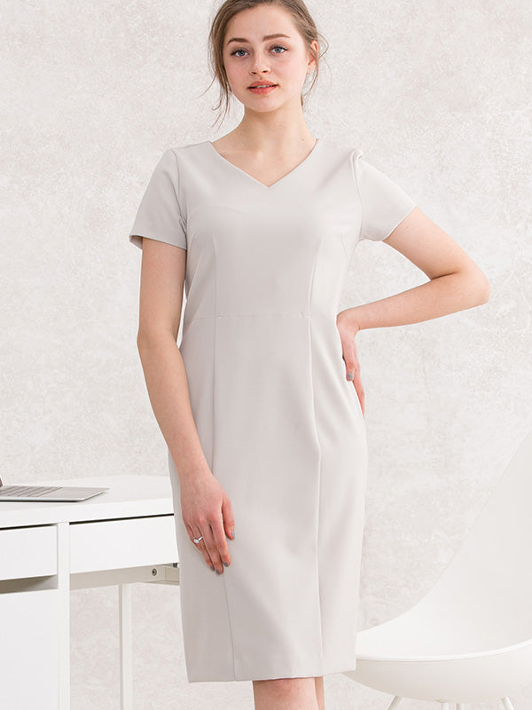 All-Season Material: Greige V-Neck I-Line Dress