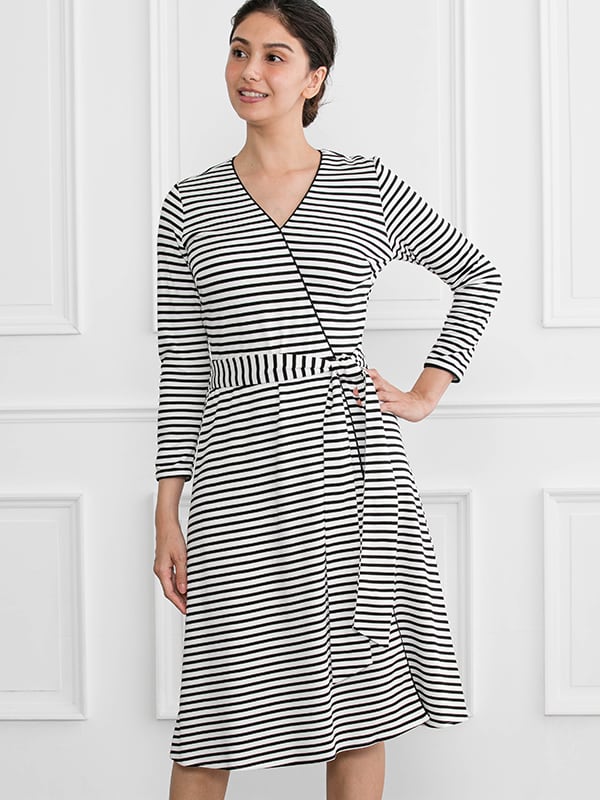 White X Black Stripe Wrap-Style Dress