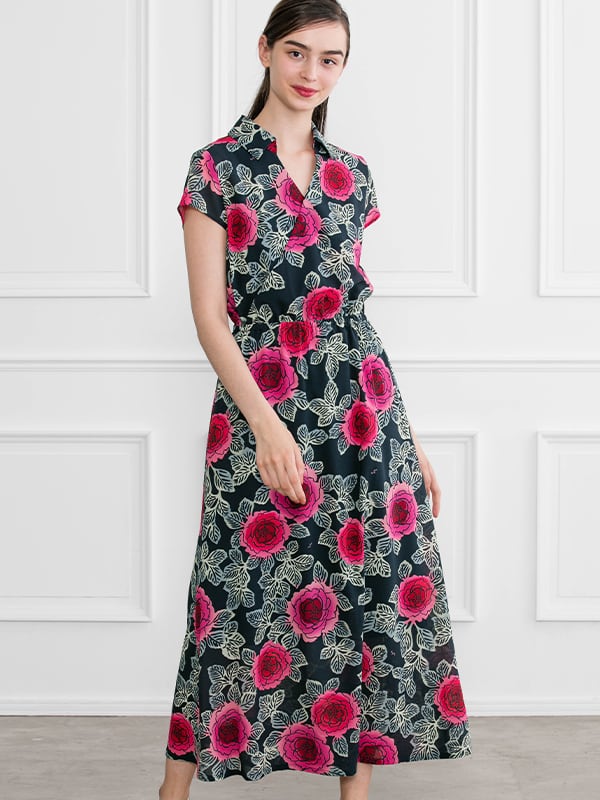 Stretch Chiffon: Black Peony Collared Cache-Coeur Chiffon Long