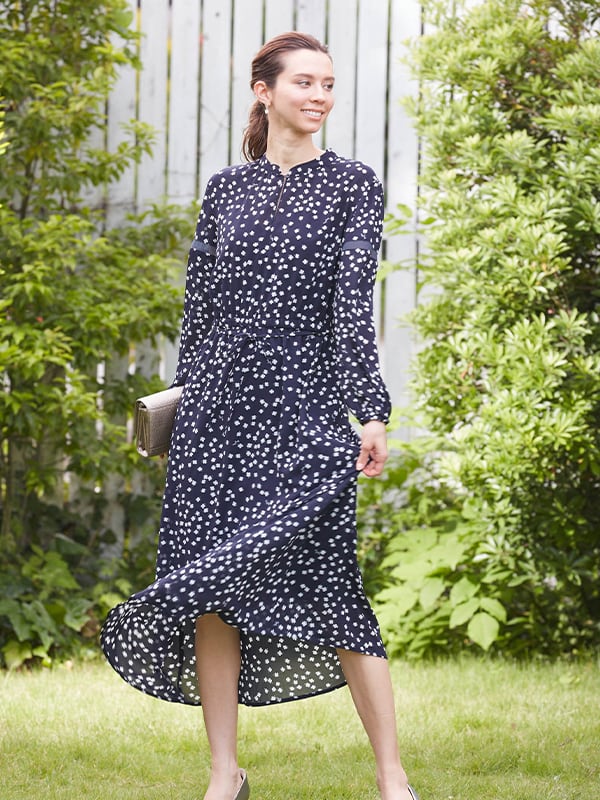 Stretch Chiffon: Navy Clover Bohemian Chiffon Long