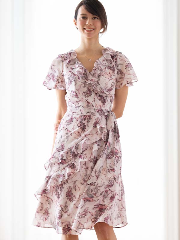 Stretch Chiffon: Pink Botanical Frill Chiffon Dress
