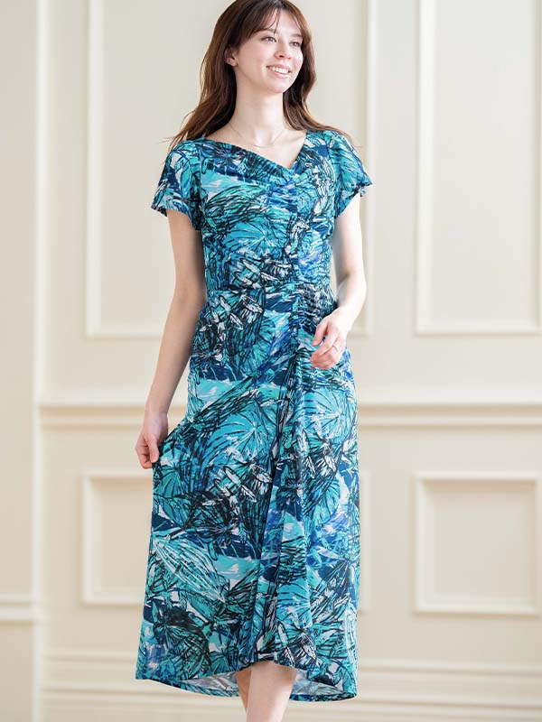 Blue Caribbean Long Gathered Dress