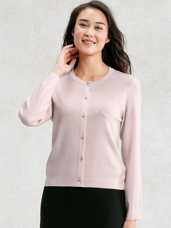 【Washable Knit】Peach Crew-neck Cardigan