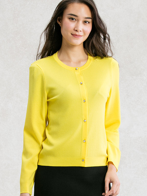 Washable Knit Yellow Crew Neck Cardigan