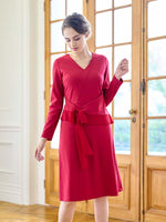 Double Jersey Red V-Neck A-Line Dress