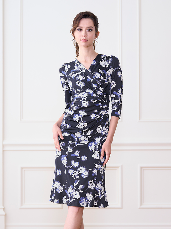Navy Lei Flower Gathered Dress
