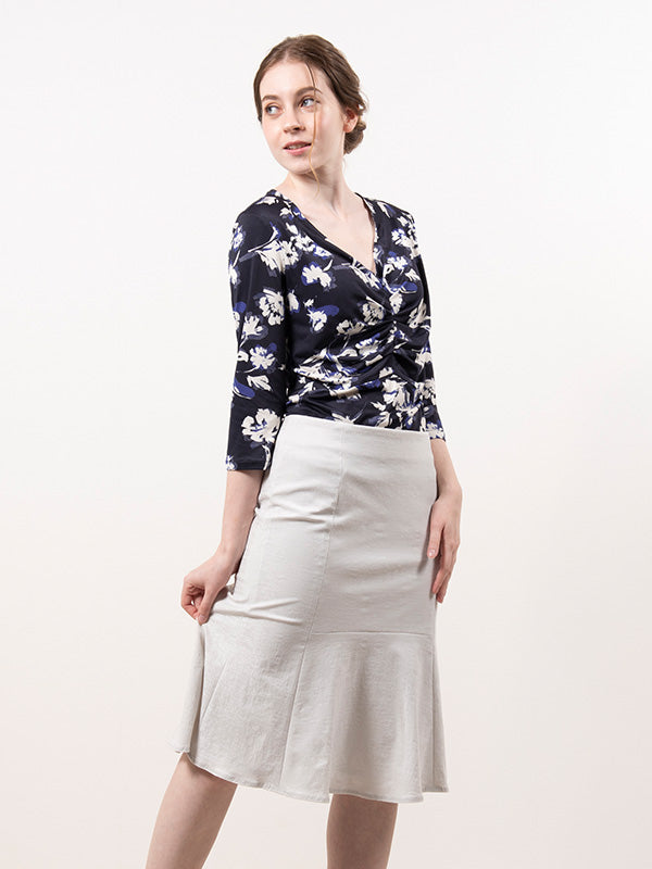 Navy Lei Flower Design Tucked Top