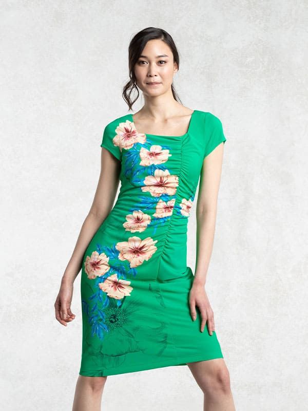 Emerald Green Square-Neck Side Gather Dress