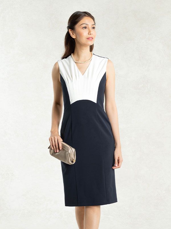 All-Season Material: White X Navy Stretch Bi-Color Dress