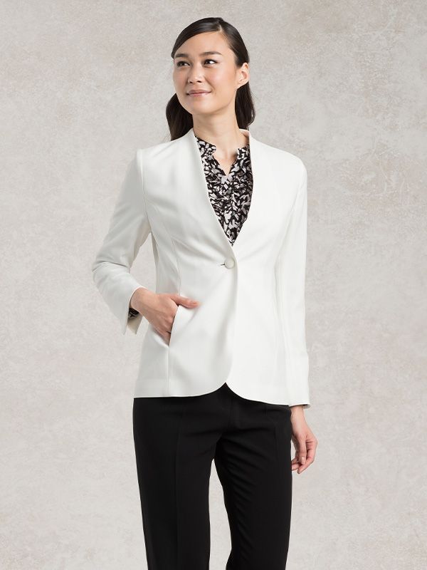 Suit Friendly: White Long Collarless Jacket