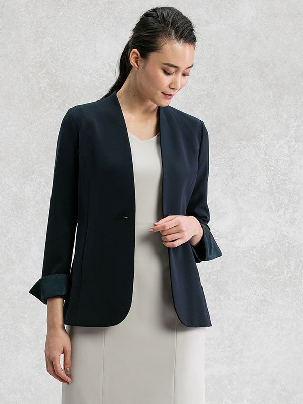 All-Season Material: Navy Long Collarless Jacket