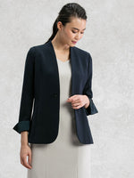 All-Season Material: Navy Long Collarless Jacket