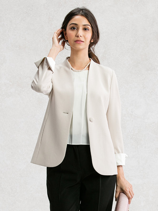All-Season Material: Greige Long Collarless Jacket