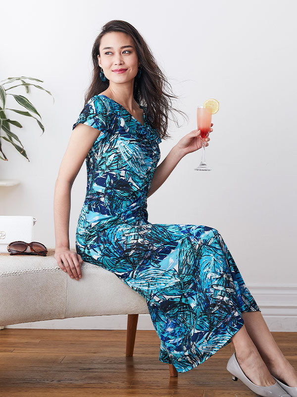 Blue Caribbean Long Gathered Dress