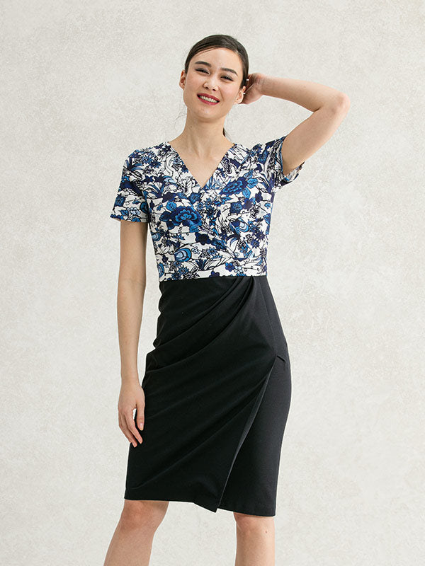 Japanese Pattern: Azure Ryukyu-Bingata X Navy Asymmetry Dress