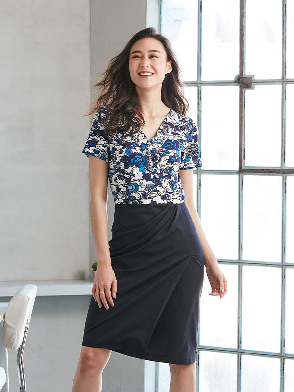 Japanese Pattern: Azure Ryukyu-Bingata X Navy Asymmetry Dress