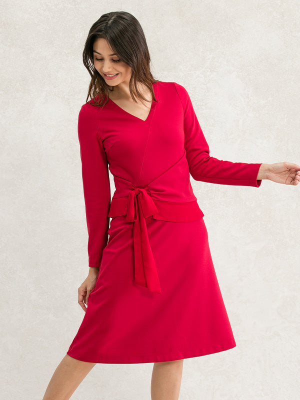 Double Jersey Red V-Neck A-Line Dress