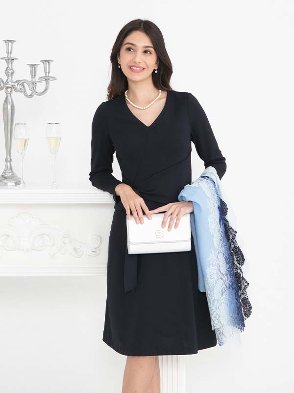 Navy Double Jersey V-Neck A-Line Dress