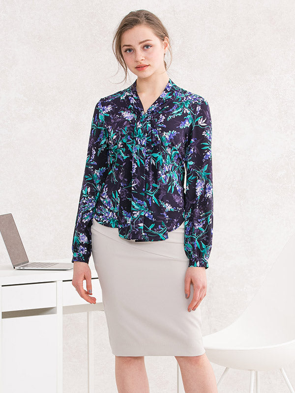 Stretch Chiffon: Navy Aroma Bowtie Blouse