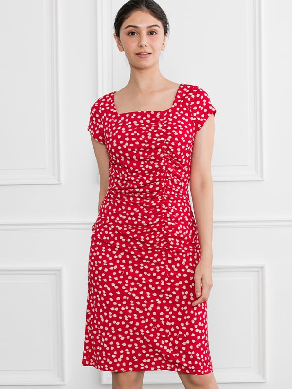 Red Rice Shower Square Neck Side Gather Dress