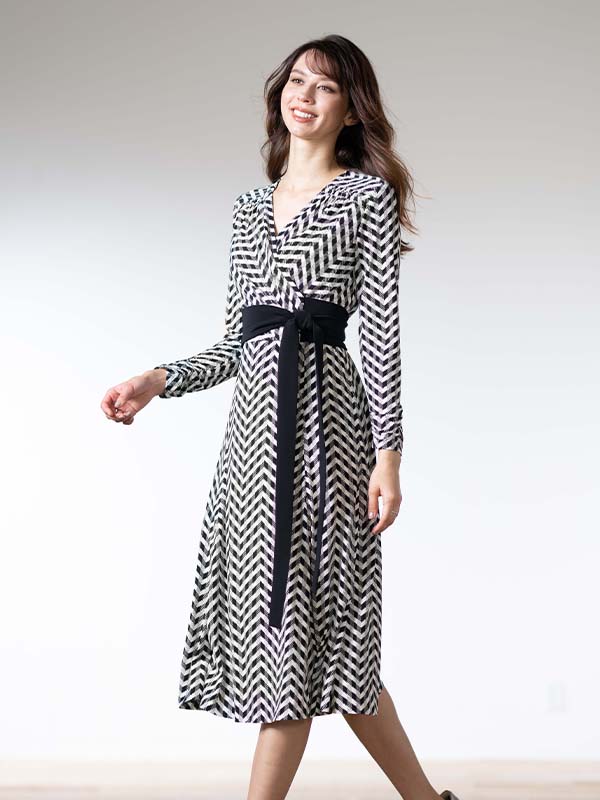 Black Herringbone Cache-Coeur Ribbon Dress