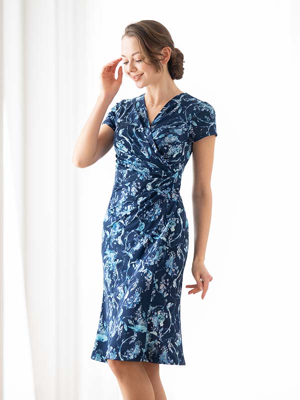 Blue Botanical Gathered Dress