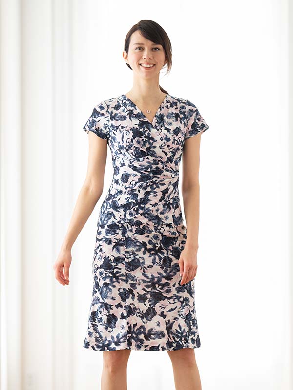 Pink Nuance Flower Gathered Dress