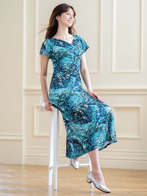 Blue Caribbean Long Gathered Dress