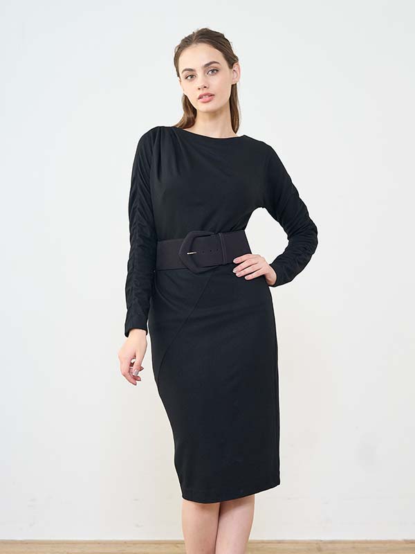 Black Gathered-Sleeve Dress