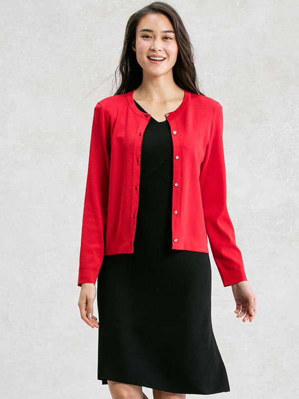 【Washable Knit】Red Crew-neck Cardigan